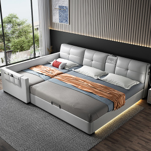 现代简约二胎三胎家庭床拼接超大床亲子4人床榻榻米主卧真皮床