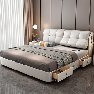 真皮床现代简约双人大床主卧软包婚床多功能储物1.8米轻奢皮艺床