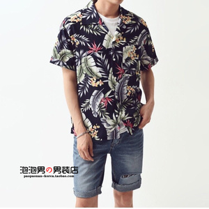 韩国东大门代购男士彩色树叶花朵图案翻领设计棉麻质地短袖花衬衫