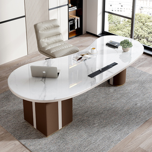 亮光岩石板书桌弧形转角轻奢现代简约电脑桌子写字台带书柜储物柜