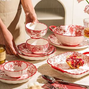 高级感陶瓷国风餐具套装新婚礼物红色碗碟套装饭碗盘子结婚送新人