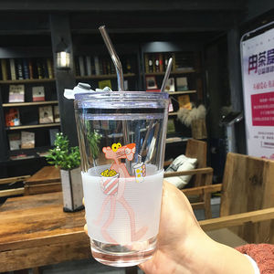 粉红豹玻璃吸管杯韩国女学生清新可爱便携吸管网红水杯ins少女心