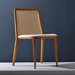 藤编实木餐椅现代中式椅子美式家用餐厅靠背椅轻奢北欧酒店高吧椅