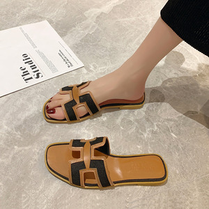 拖鞋女2022夏季新款外穿方头平底沙滩鞋一字拖懒人复古凉拖ins潮