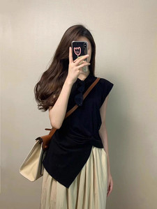 黑色不规则短袖t恤女夏季2024新款韩版显瘦掐腰设计感飞飞袖上衣