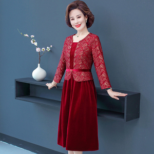结婚妈妈装礼服春装金丝绒连衣裙母亲喜婆婆婚宴装高贵洋气套裙子