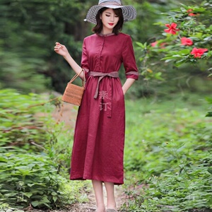 素订素素女装旗舰店2022春季轻奢新品时尚v领腰部系带棉麻连衣裙