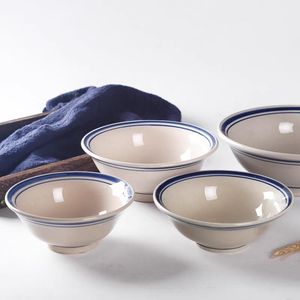 老式中式拉面蓝边家用饭碗面碗餐具粗陶汤碗复古火锅怀旧陶瓷商用