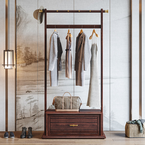 新中式乌金木衣帽架家用客厅卧室落地置物架全实木成人木质挂衣架