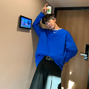 克莱因蓝炸街t恤男学生高街韩版ins潮牌痞帅衬衣叠穿纯棉长袖春季