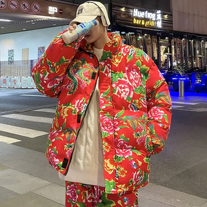 东北大花棉袄男冬季加厚ootd棉服情侣装小众牡丹花棉衣棉裤两件套