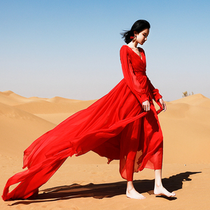 新疆旅游连衣裙女夏季青海湖裙子红色大西北三亚旅游沙漠拖尾长裙