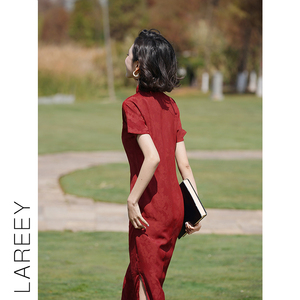 LAREEY红色高级改良旗袍一片式复古民国风显瘦优雅气质连衣裙修身