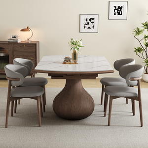 实木岩板餐桌椅组合可伸缩方圆两用带电磁炉小户型家用折叠吃饭桌