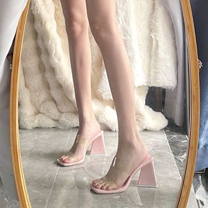 显高显白显腿长大小姐2024年夏高跟鞋粗跟淡粉色女鞋透明带凉拖鞋