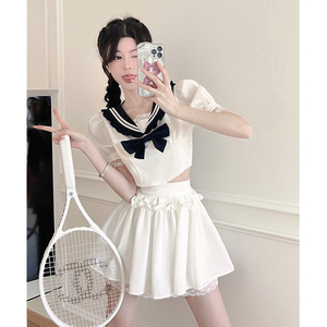 海军风jk制服套装女性感蕾丝边泡泡袖上衣木耳边百褶半身裙两件套