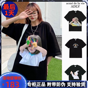 现货韩国adlv短袖女明星同款2022年新款印花甜甜圈小熊t恤情侣装