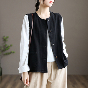 dza 文艺复古马甲背心女士外搭休闲上衣新款春季短款外套工装马夹