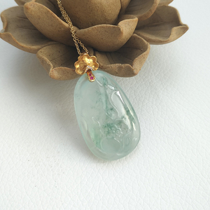 翡翠吊坠女玉荷花牌挂坠天然玻璃种18k金定制扣头a货证书莲花飘花