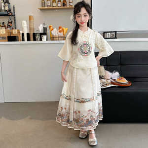 女大童夏装新中式马面裙2024新款韩版中国风古装汉服半身裙两件套