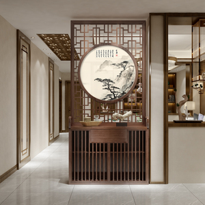 新中式屏风隔断客厅现代简约家用实木雕花镂空进门储物柜玄关柜