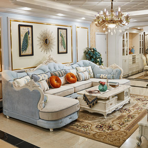 福全居欧式u型布艺沙发左右双贵妃大小户型免洗客厅整装实木家具