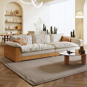 日式原木科技布沙发现代简约北欧布艺落地直排超深坐宽实木侘寂风