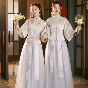 中式伴娘服2023新款旗袍中国风姐妹团显瘦高级婚礼接亲秋冬礼服装