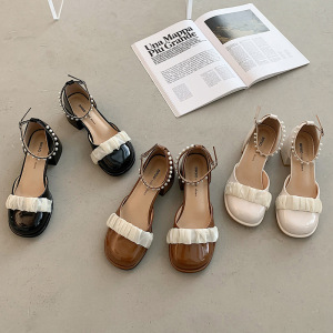 木三福月牙儿女鞋旗舰店正品卡k的迪高女鞋夏新粗跟珍珠气质凉鞋