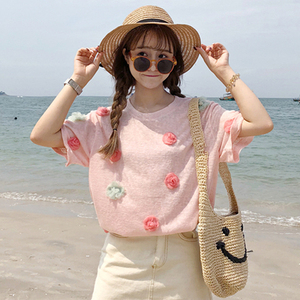 女生短袖上衣女夏韩版立体花朵百搭少女半袖t恤2018初中学生汗衫