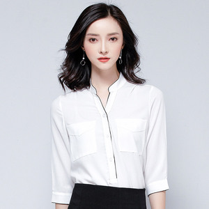 夏季中袖新款白衬上衣七分袖内搭衬衫女清秀雪纺甜美气质淑女百搭