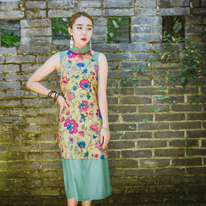 特色服饰连衣裙纯棉短袖圆领花边吊坠修身显腰旗袍裙红裳女装568