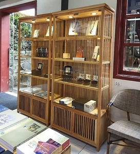 老榆木玻璃展柜新中式禅意置物架产品茶叶文玩展示柜实木货架带灯