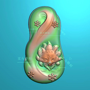 精雕图狐狸挂件玉雕图椭圆九尾狐挂件随形动物机雕图jdp峰腾雨