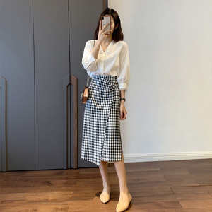 2022年新款成套搭配女韩剧职业小香风格子半身裙两件套装御姐夏季