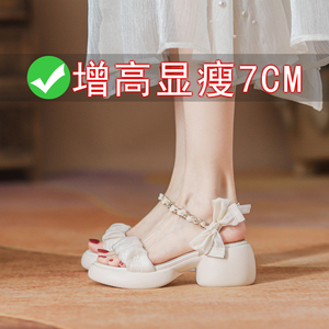 白色高跟凉鞋女夏季2024新款蝴蝶结小个子增高粗跟厚底配裙子女鞋
