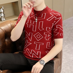 秋冬季短袖t恤男韩版半袖针织衫个性圆领线衣红色打底衫潮流男装