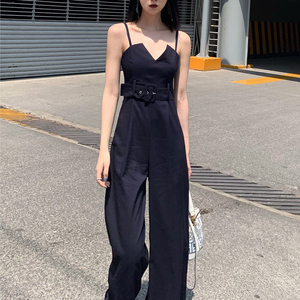 高腰收腰吊带连衣长裤背带裤套装女夏季显瘦无袖连体衣阔腿裤薄款