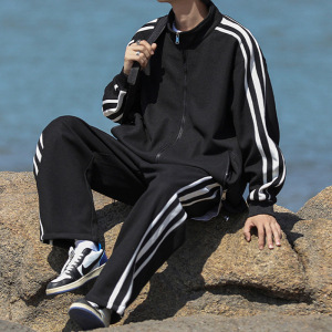 三道杠条纹运动服套装男秋季高级感炸街男装一套卫衣卫裤班服校服