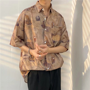 棕色复古巴洛克衬衫短袖男冰丝英伦雅痞风夏季男装80年代港风衬衣