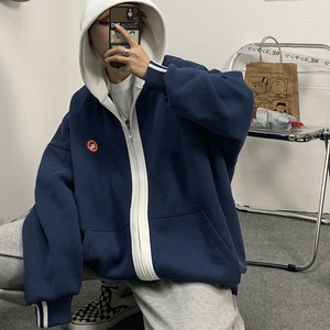 vintage外套女藏青色卫衣设计感拼接戴帽子衫运动美式复古棒球服