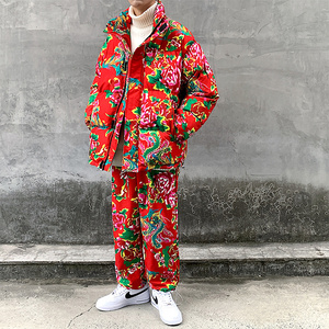 东北大花套装男冬季中国风碎花棉袄大红色情侣外套棉衣棉裤两件套