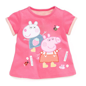 女中小童粉红色卡通小猪短袖t恤上衣宝宝夏装新款棉中长款