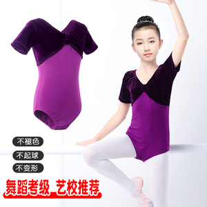 舞蹈服儿童女夏季丝绒短袖保暖紫色幼儿中国舞练功服形体跳舞衣服