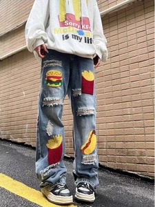 美式高街vibe汉堡薯条毛巾绣割破牛仔裤街头男女宽松直筒阔腿长裤