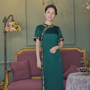 纳芥{恨春迟}夏季低领香云纱绣花旗袍短袖复古无领优雅气质中式裙