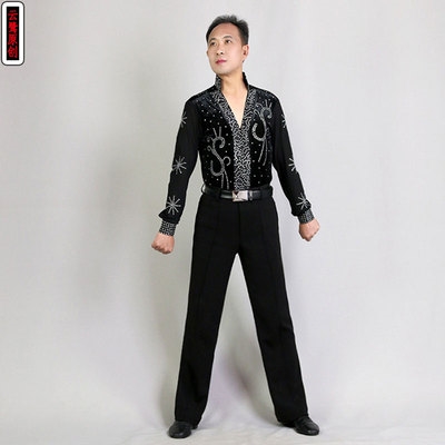 拉丁舞服男成年国标舞男士上衣赛服大人表演三步踩舞服装演出镶钻