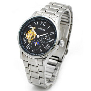 威龙/wilon全自动机械手表 男表韩版防水半镂空 个性钢带腕表