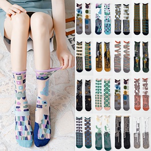 夏季新品日韩时尚不对称条几何线条仙女气质中筒玻璃丝卡丝袜AB袜