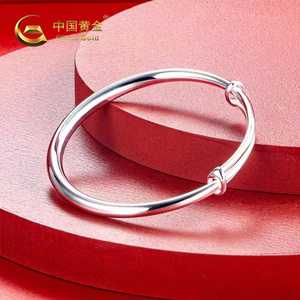 000人付款淘宝中国黄金宝宝纯银手镯光面圆肚碰珠足银饰9999儿童长命
